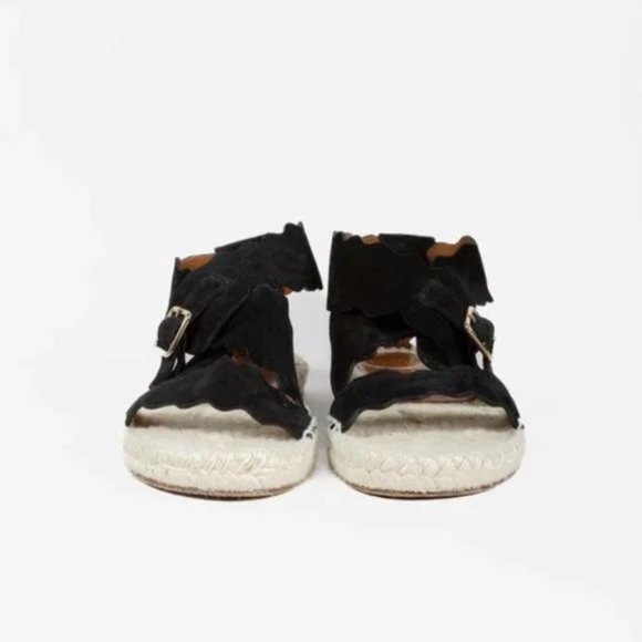 Chloé Lauren Scalloped Black Suede Espadrille Sandals - Picture 2 of 10